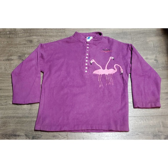 Vintage 80s 1985 Florida Flamingo Fleece Henley Sweater Fits Adult Medium M - Picture 1 of 7